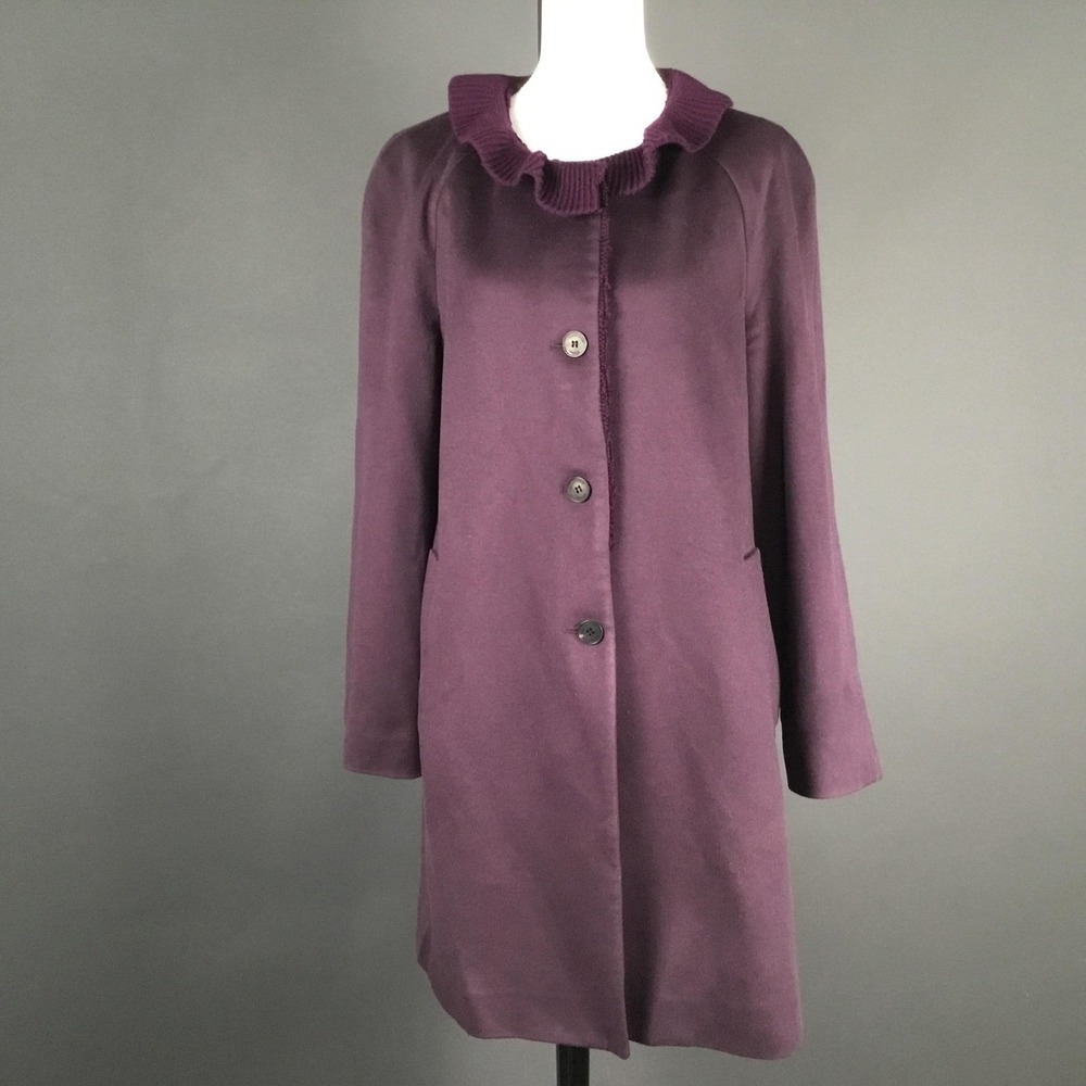Aquascutum Coat Womens 10 Purple Wool Knit Ruffle Collar Button Lined Overcoat